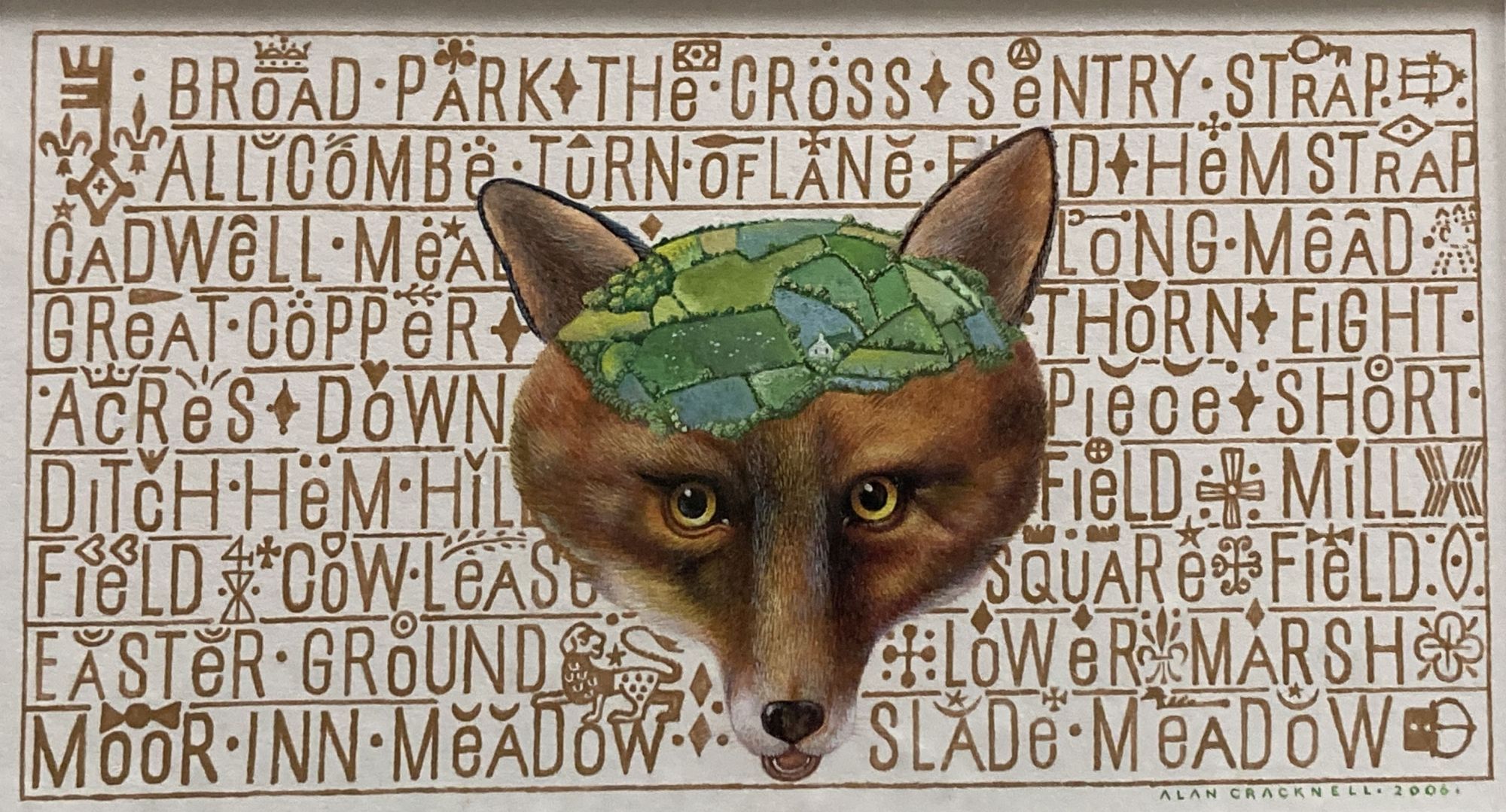 Alan Cracknell, (b.1937), gouache and gilding, Fox head and inscription, signed and dated 2006